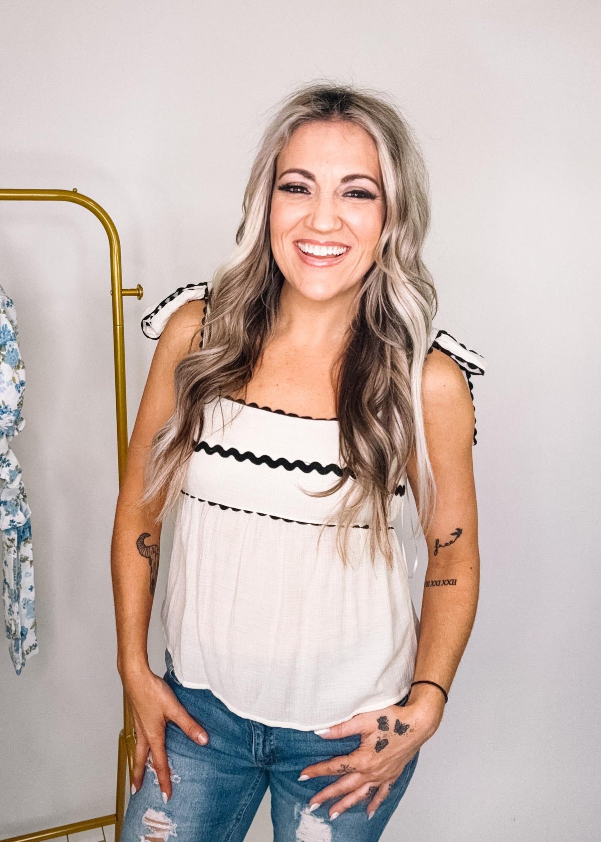 Cream Babydoll Tank Top with Black Trim