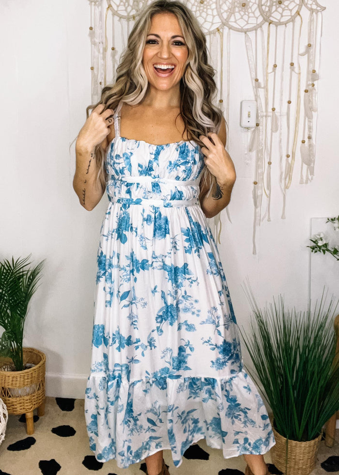 Chanille Blue and Ivory Floral Midi Dress