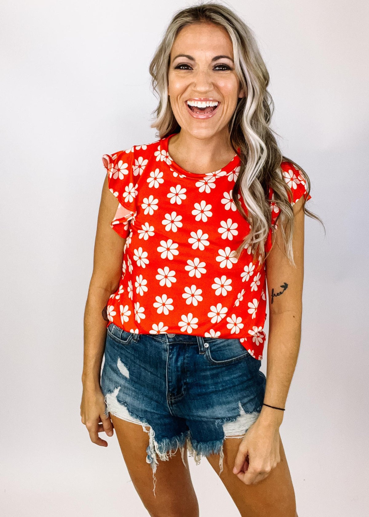 Red Ruffle Sleeve Flower Top