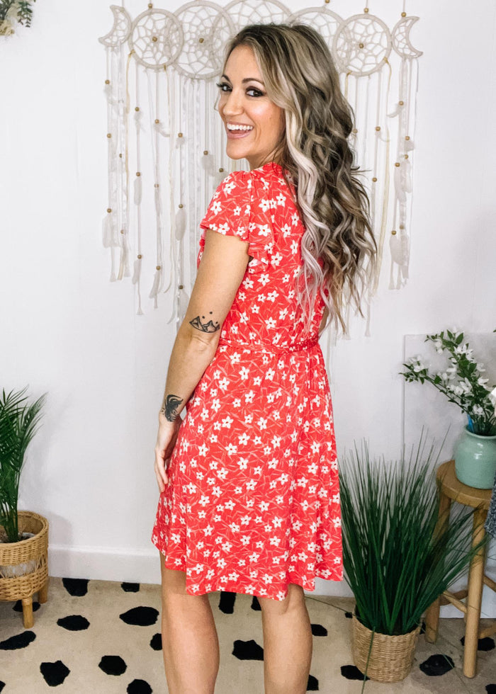 Cherry Red Ditsy Floral Tie Waist Dress