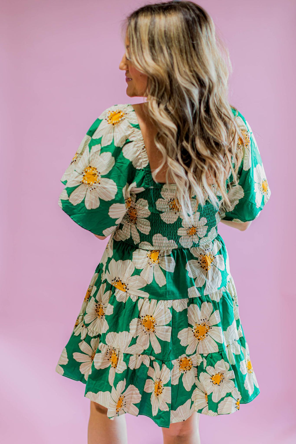 Green Floral Flutter Sleeve Dress Medium