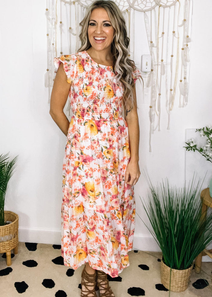 Peach and Pink Floral Smocked Midi Dress