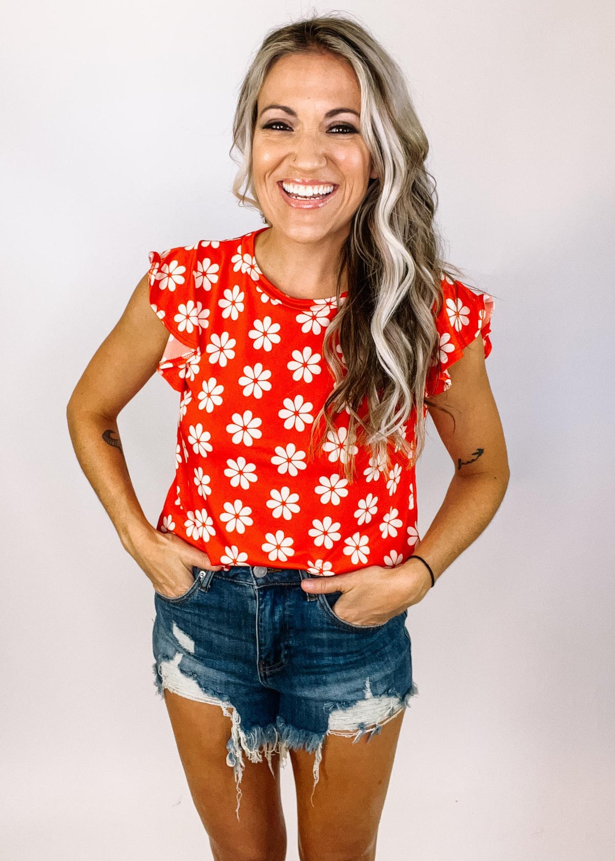 Red Ruffle Sleeve Flower Top