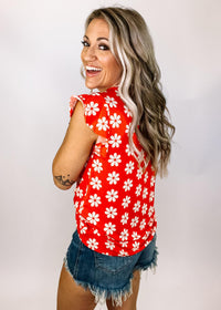 Red Ruffle Sleeve Flower Top