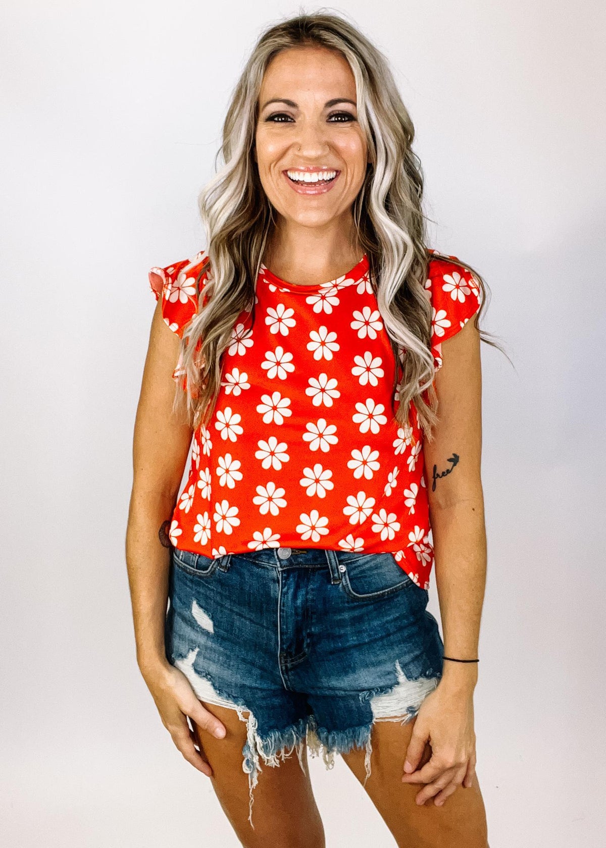 Red Ruffle Sleeve Flower Top