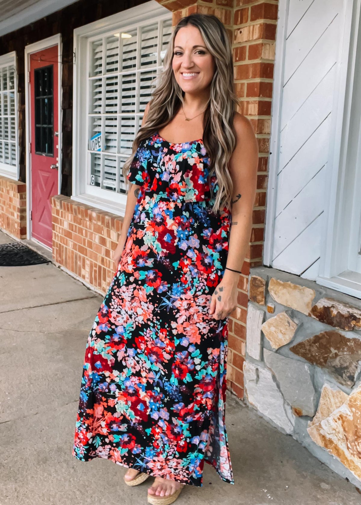 Multi Color Floral Maxi with Ruffle Detail