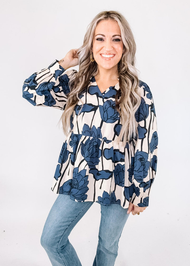 Blue Ivory Poppy Print Baby Doll Top