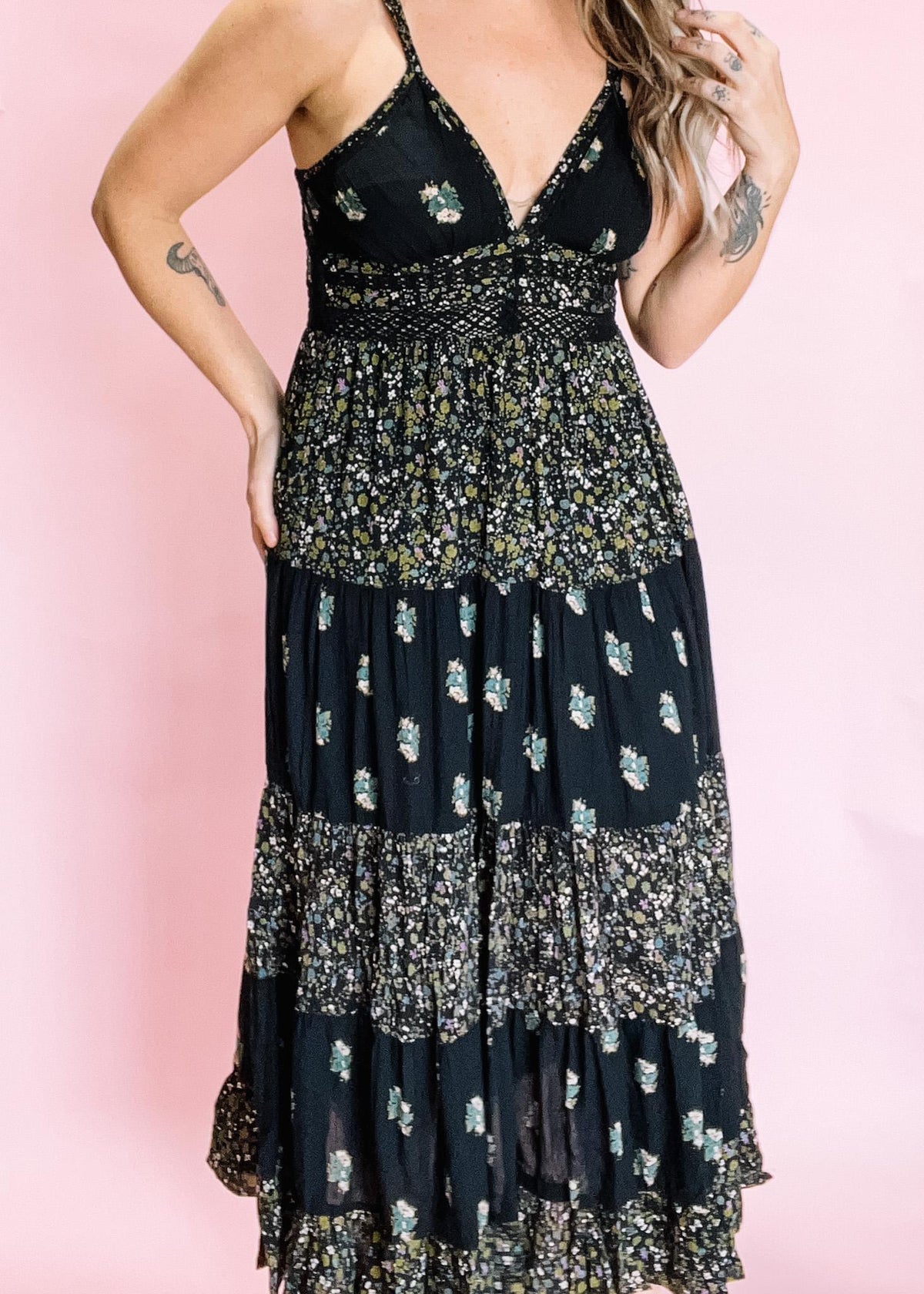Black Mini Floral Double Strap Maxi Dress