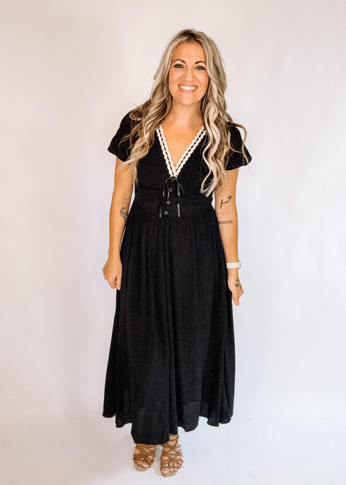 Contrast Lace Ribbon Trim Corset Midi Dress