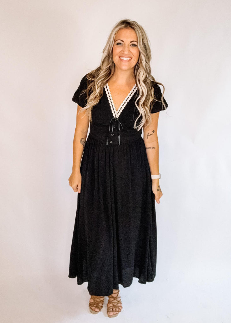 Contrast Lace Ribbon Trim Corset Midi Dress