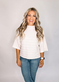 Stripe Textured Mock Neck Half Sleeve Top