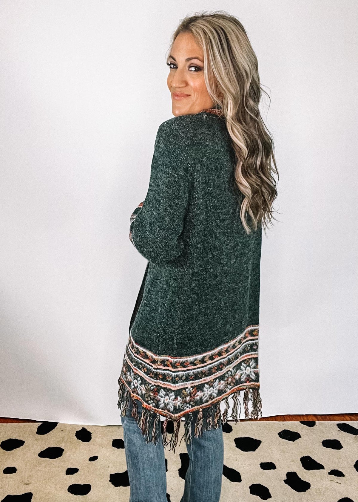 Green Fringed Hem Cardigan Duster