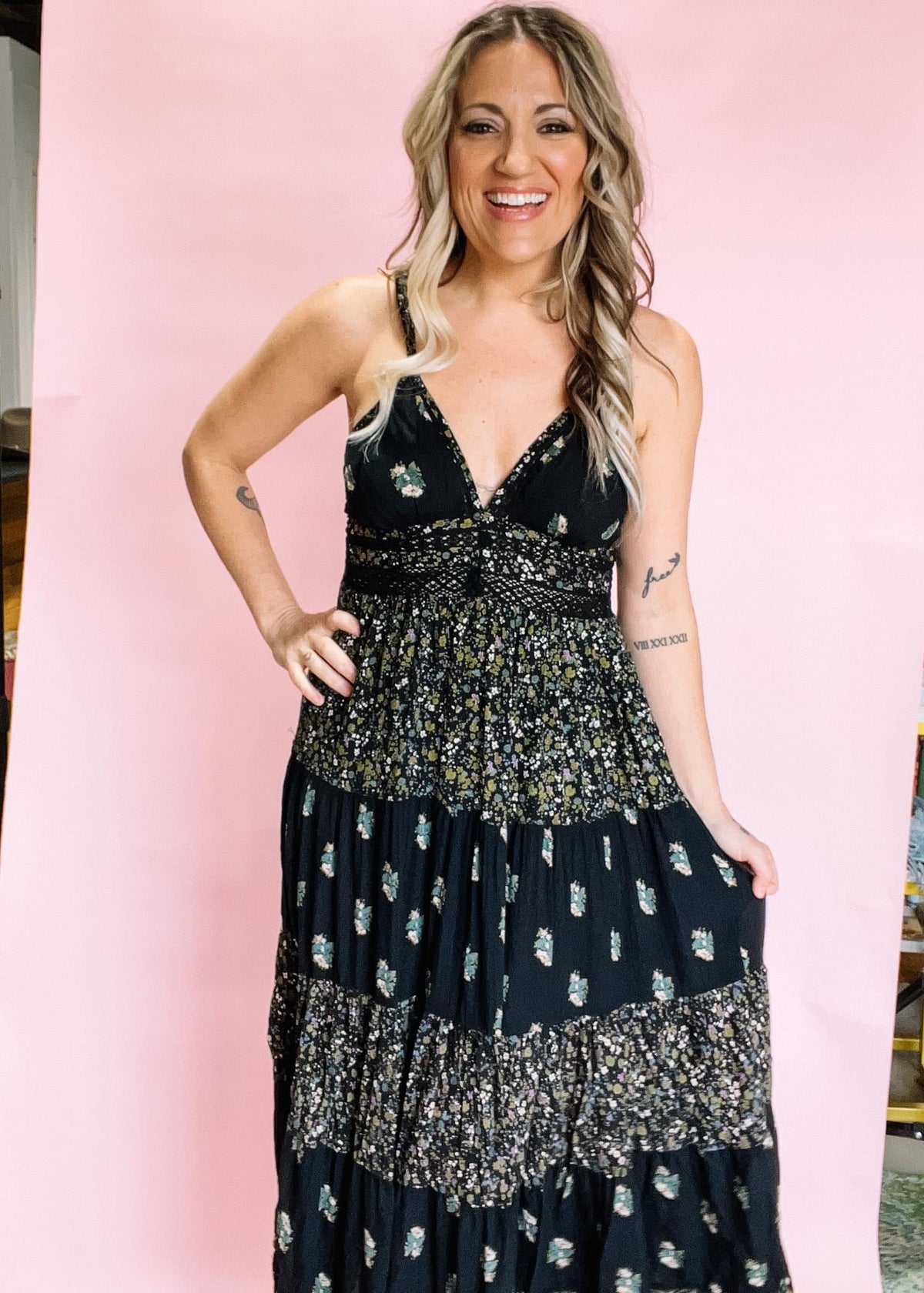 Black Mini Floral Double Strap Maxi Dress