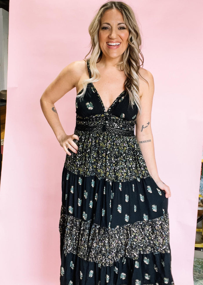Black Mini Floral Double Strap Maxi Dress
