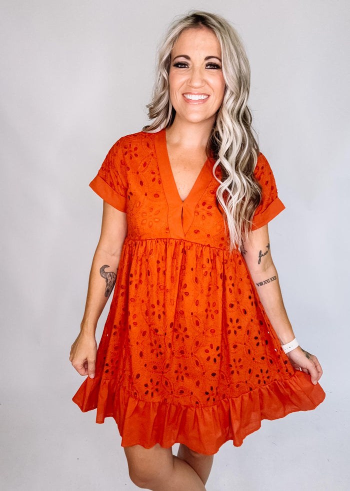Drop Shoulder Embroidered Eyelet Dress