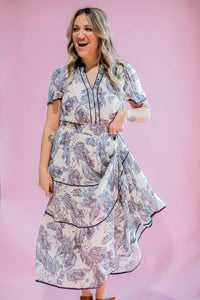 Grey Trim and Printed Maxi Dress