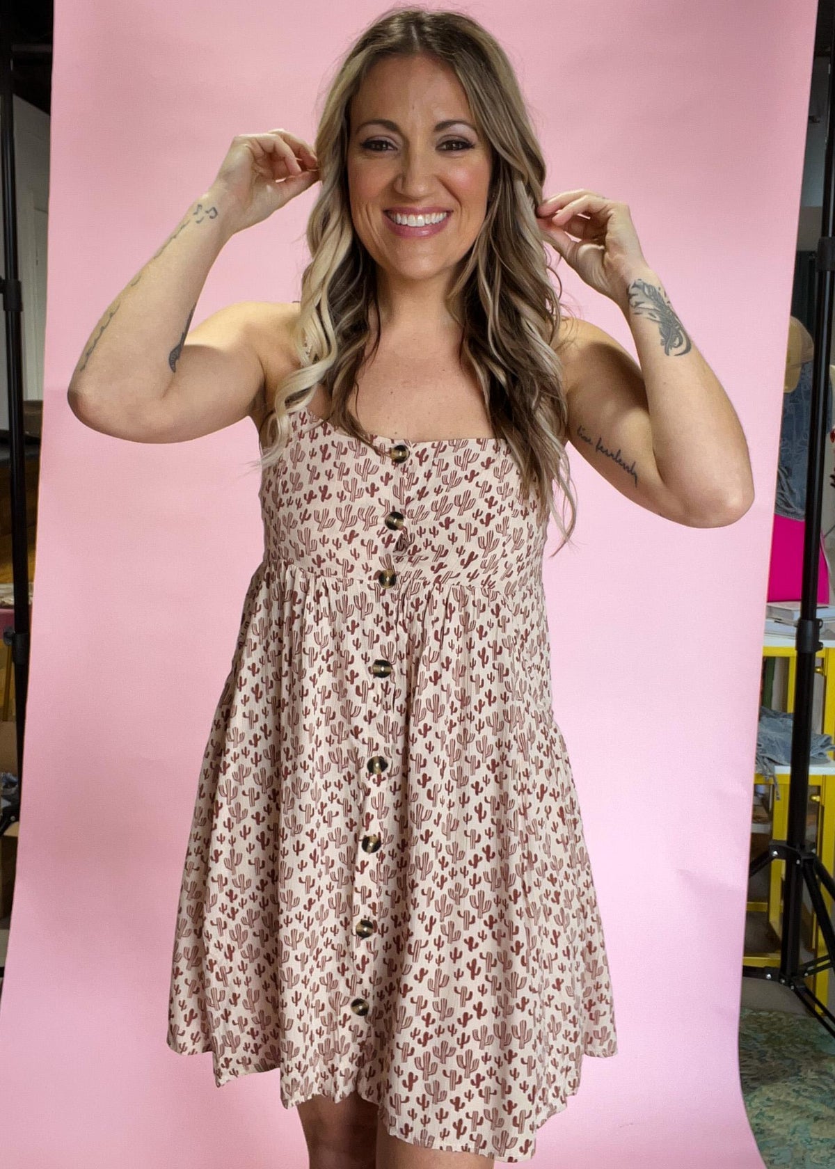 Cactus Printed Dress with Buttons