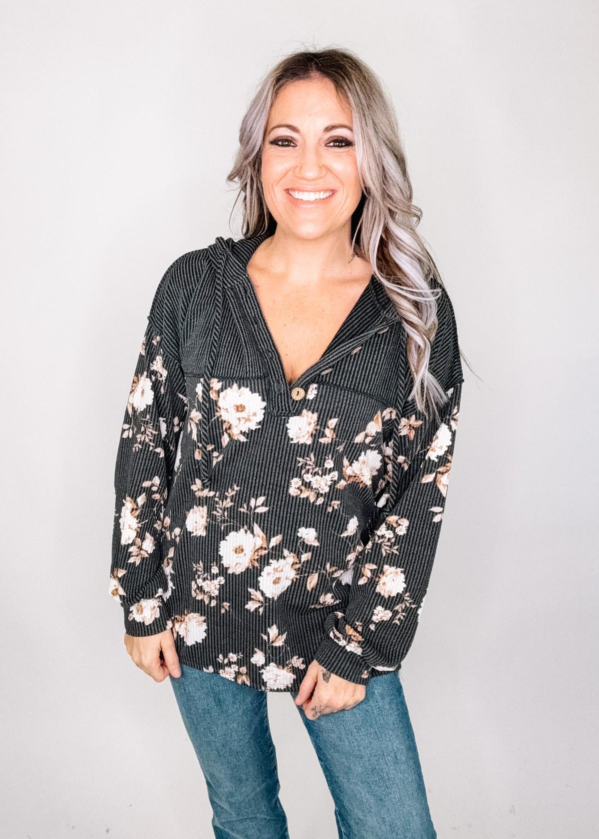 Charcoal and Floral Ribbed Hoodie