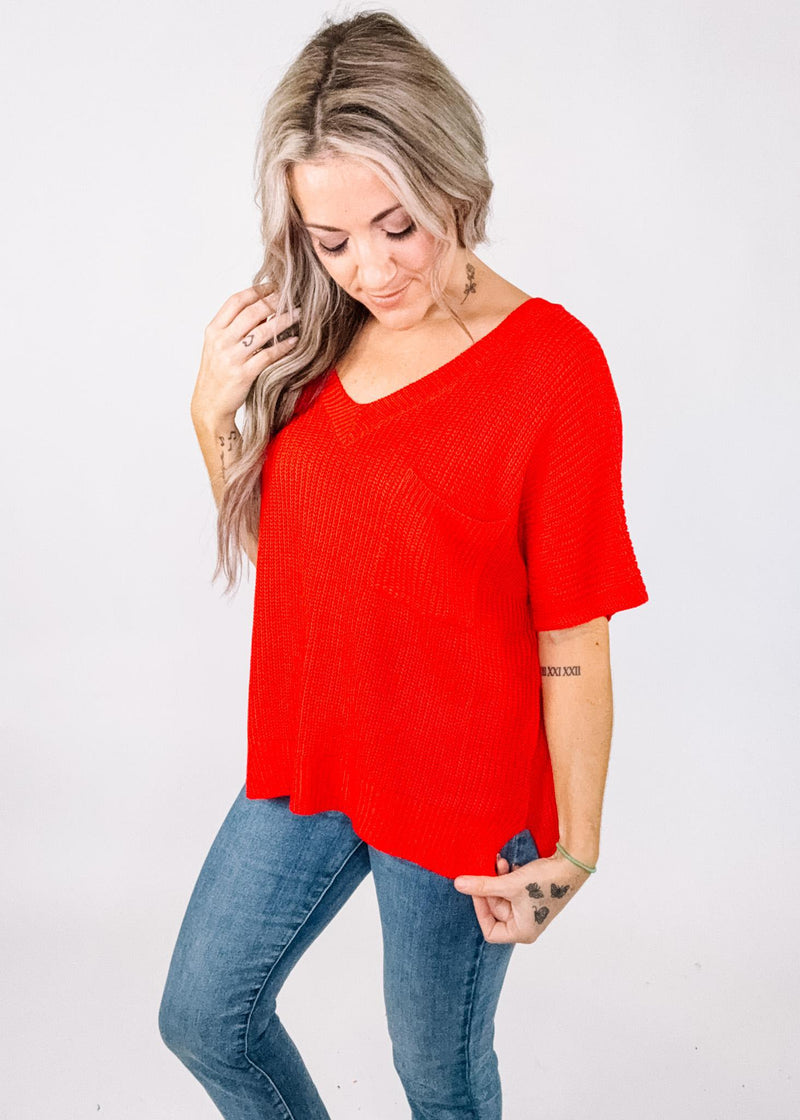 Braided Knit Short Sleeve Top With Pocket