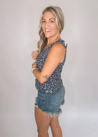 Blue floral ribbed tank top