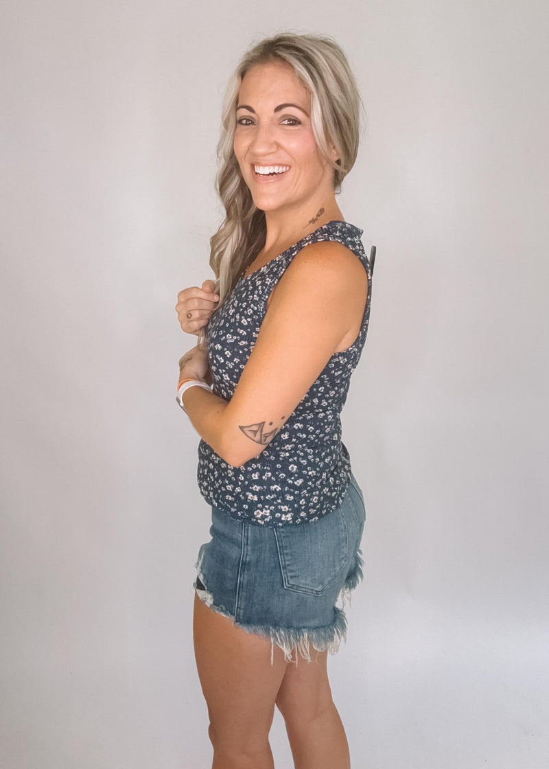 Blue floral ribbed tank top