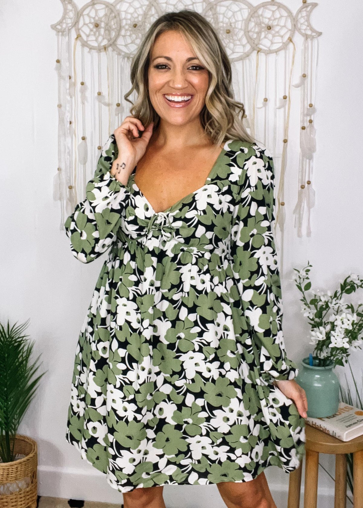 Gale Green and Black Floral Smocked Babydoll Dress
