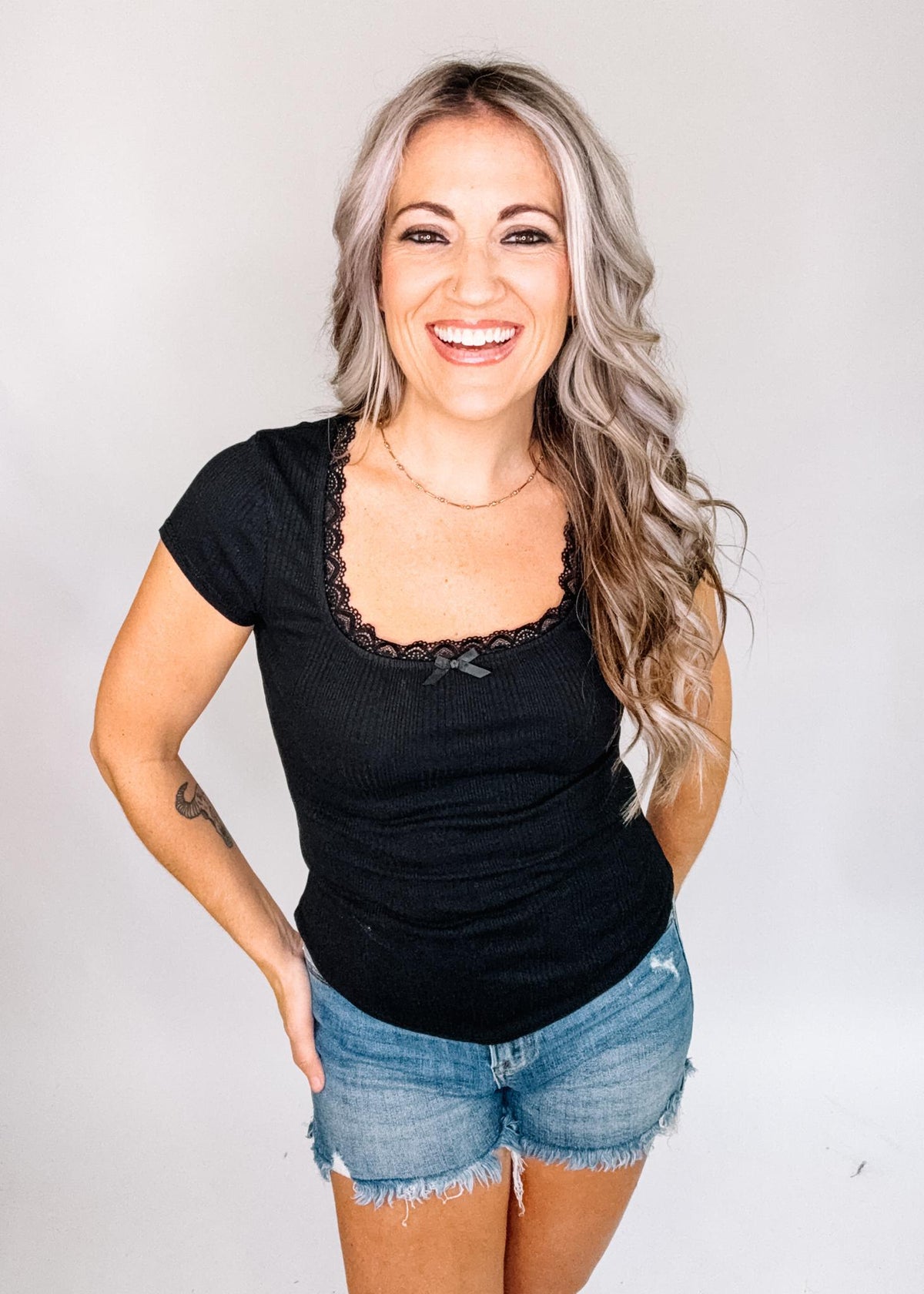 Ribbed Knit Top with Lace & Bow Trim