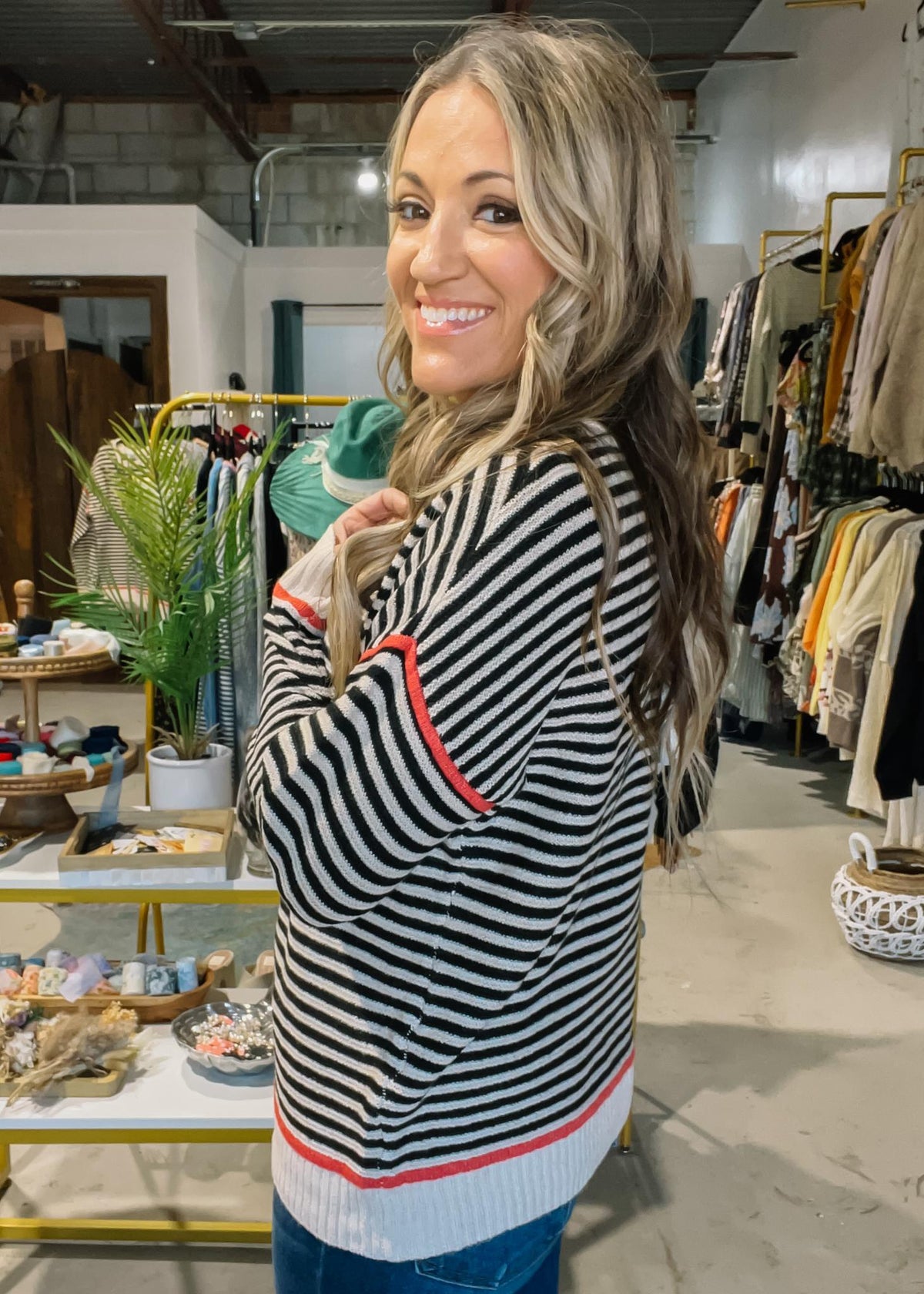 Black and Orange Contrast Stripe Knit Top