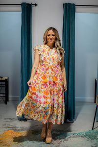 Orange and Pink Printed Midi Dress