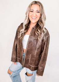 Washed Faux Leather Collared Zip Jacket