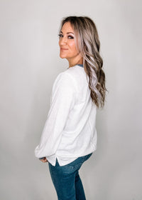 White Ribbed Denim Trim Long Sleeve