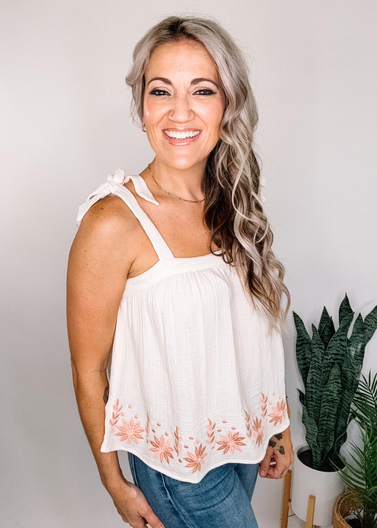 Natural Linen Top with Blush Embroidery