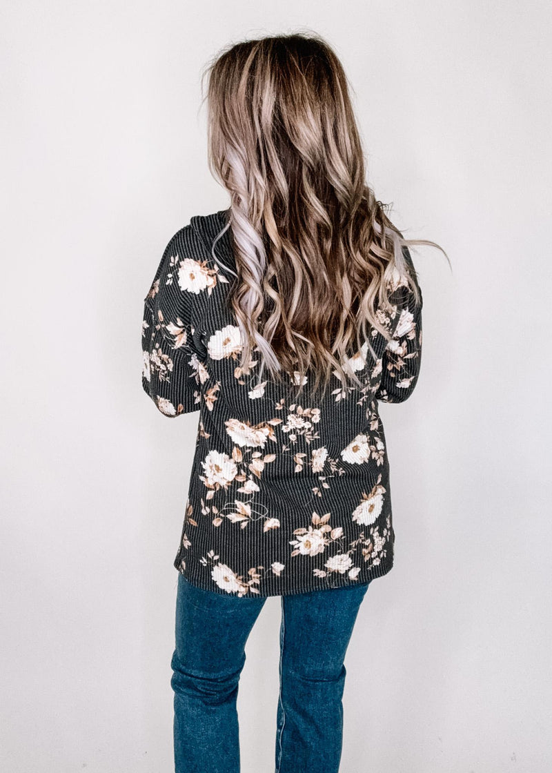 Charcoal and Floral Ribbed Hoodie