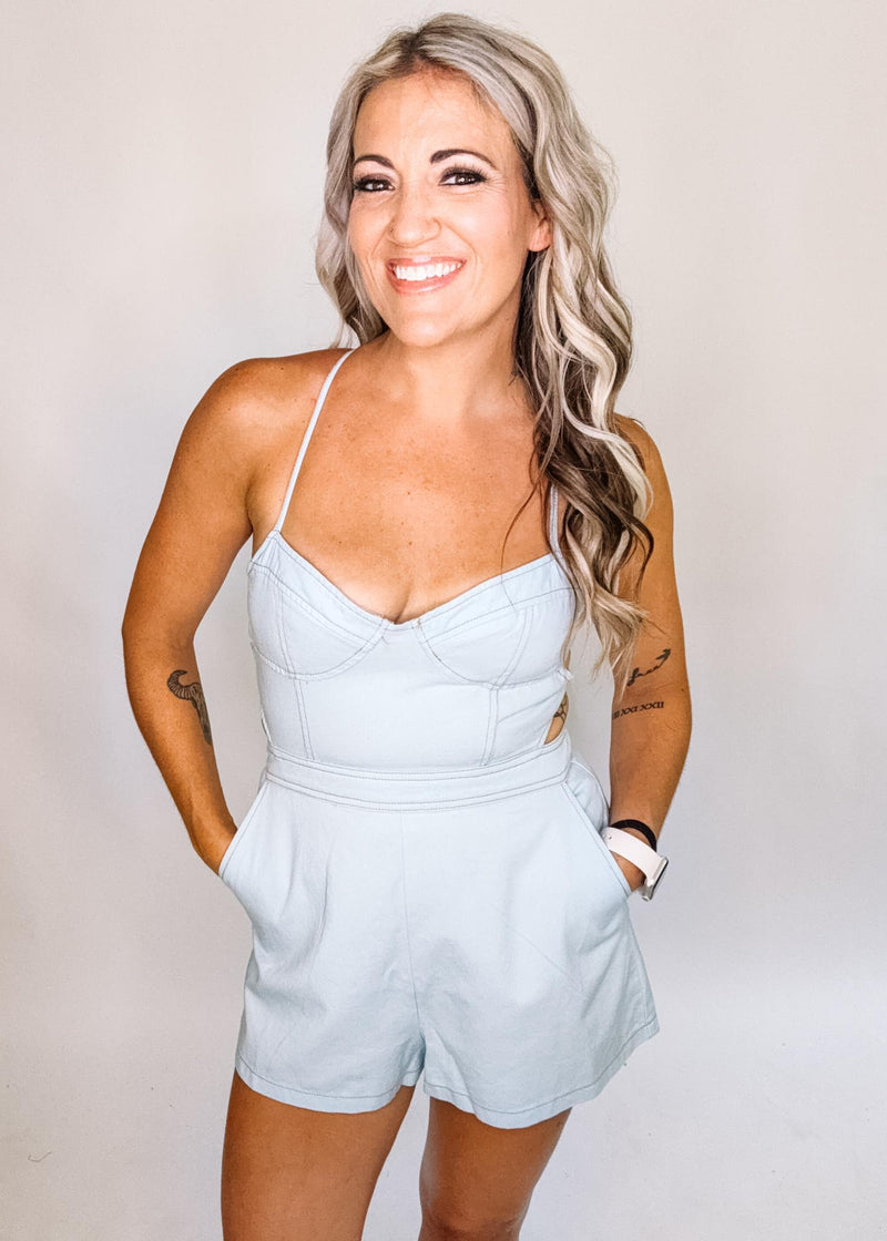 Denim Lace Back Romper