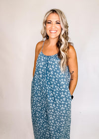 Chambray Floral Print Adjustable Strap Jumpsuit