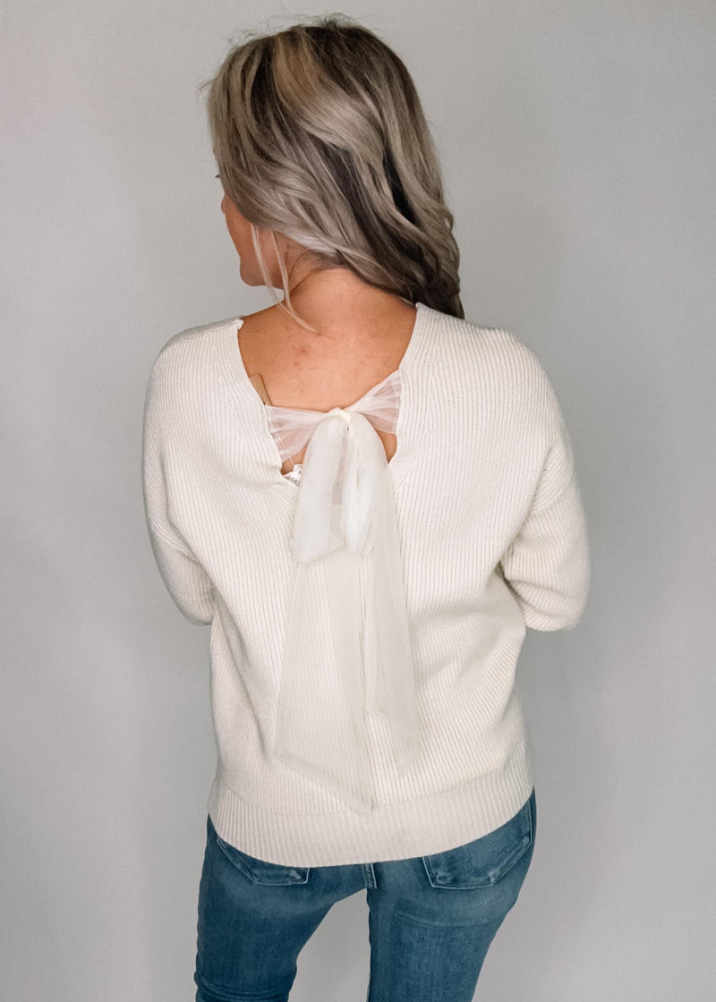 Drop Shoulder Back Bow Tie Sweater