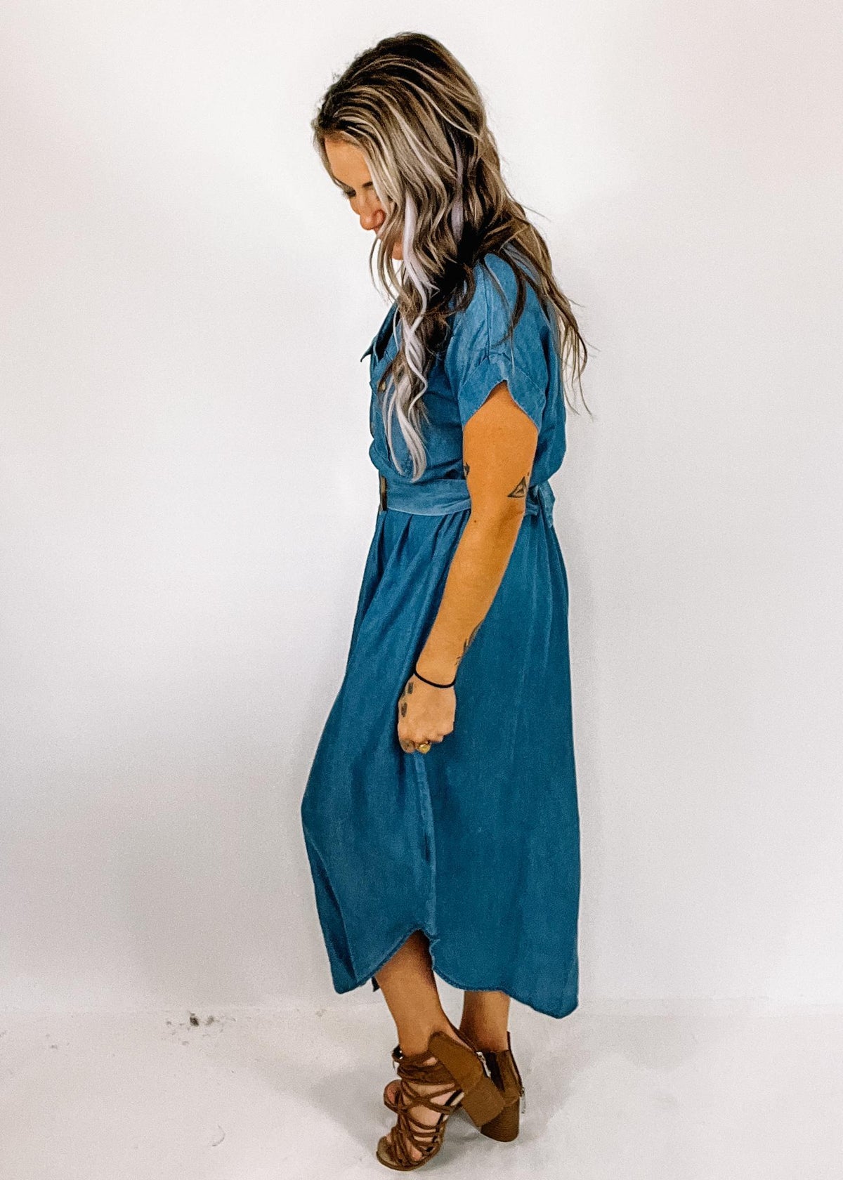 Chambray Collared Button Down Midi Dress Chambray Collared Button Down Midi Dress
