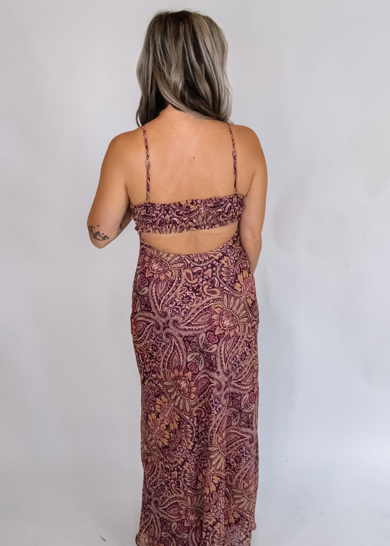 Purple Printed Open Back Chiffon Maxi