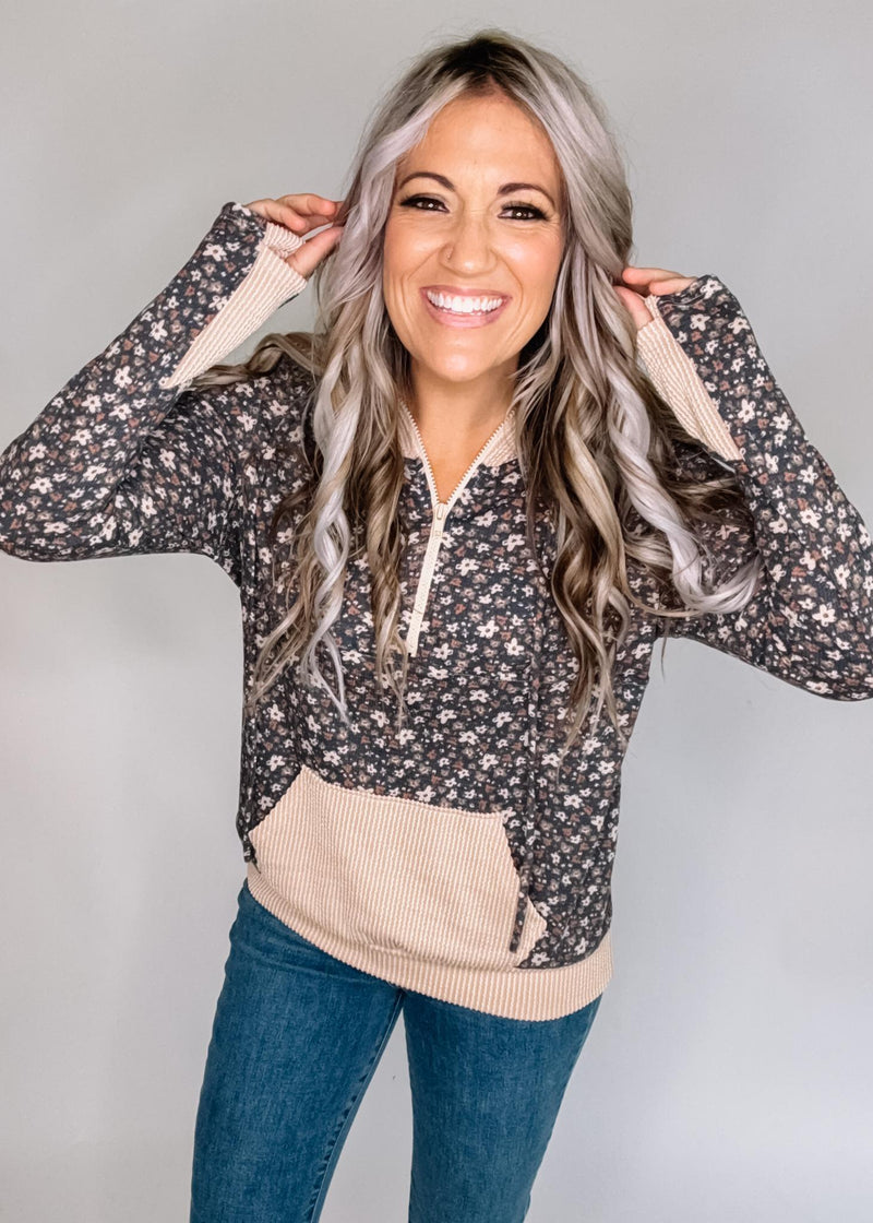Floral Color Block Half Zip Hoodie