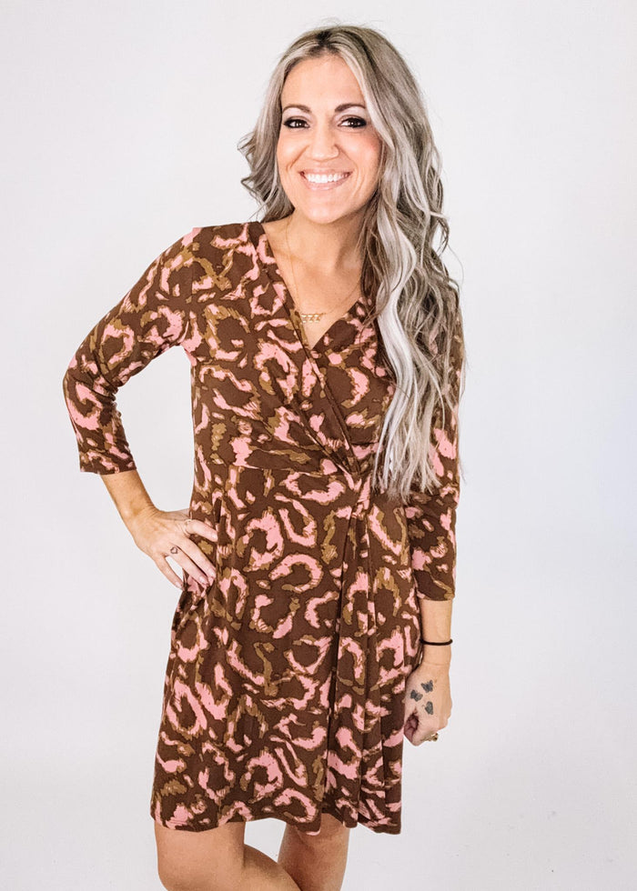 Brown and Pink Abstract V Neck Flounce Dress