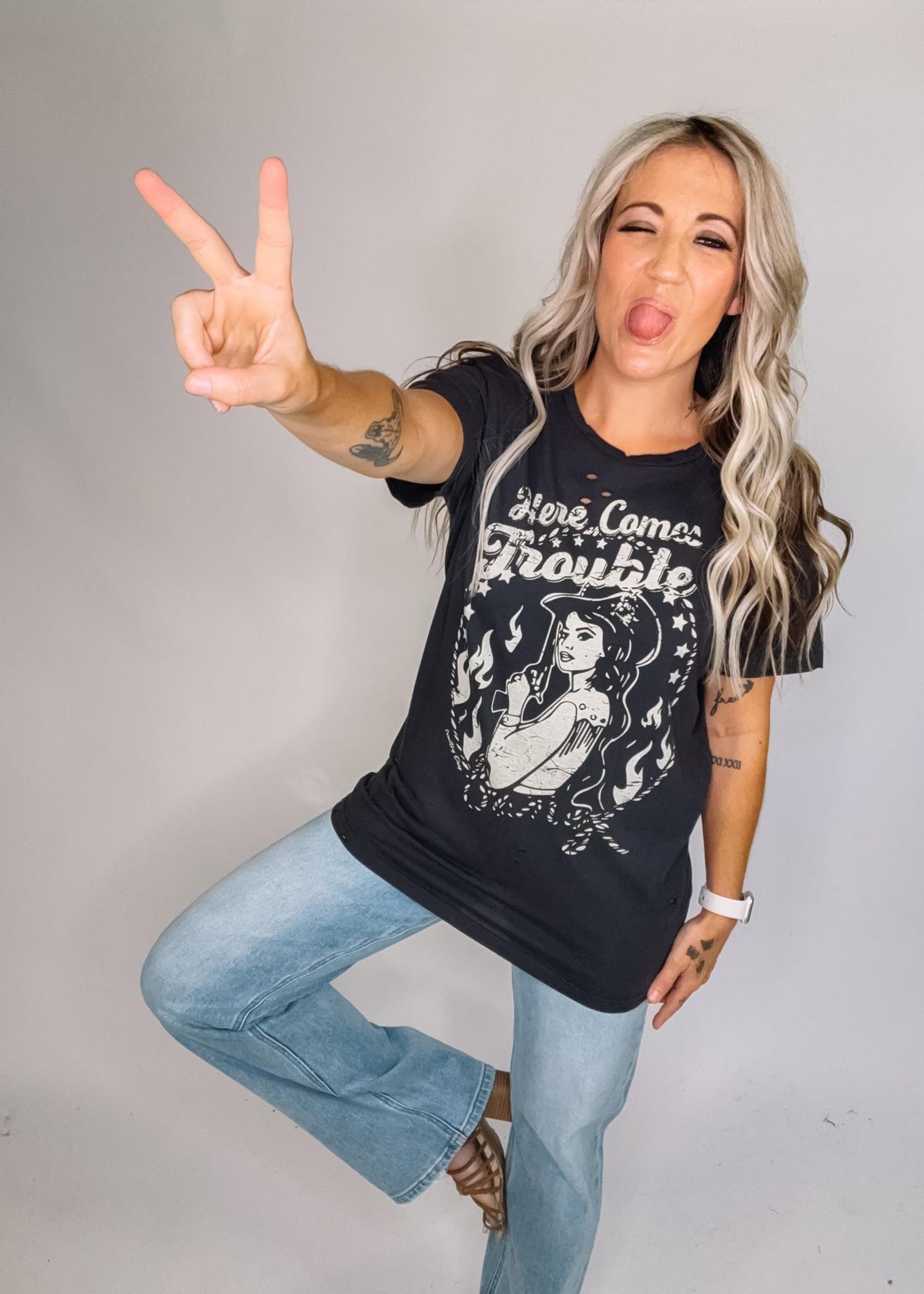 Here Comes Trouble Distressed Tee