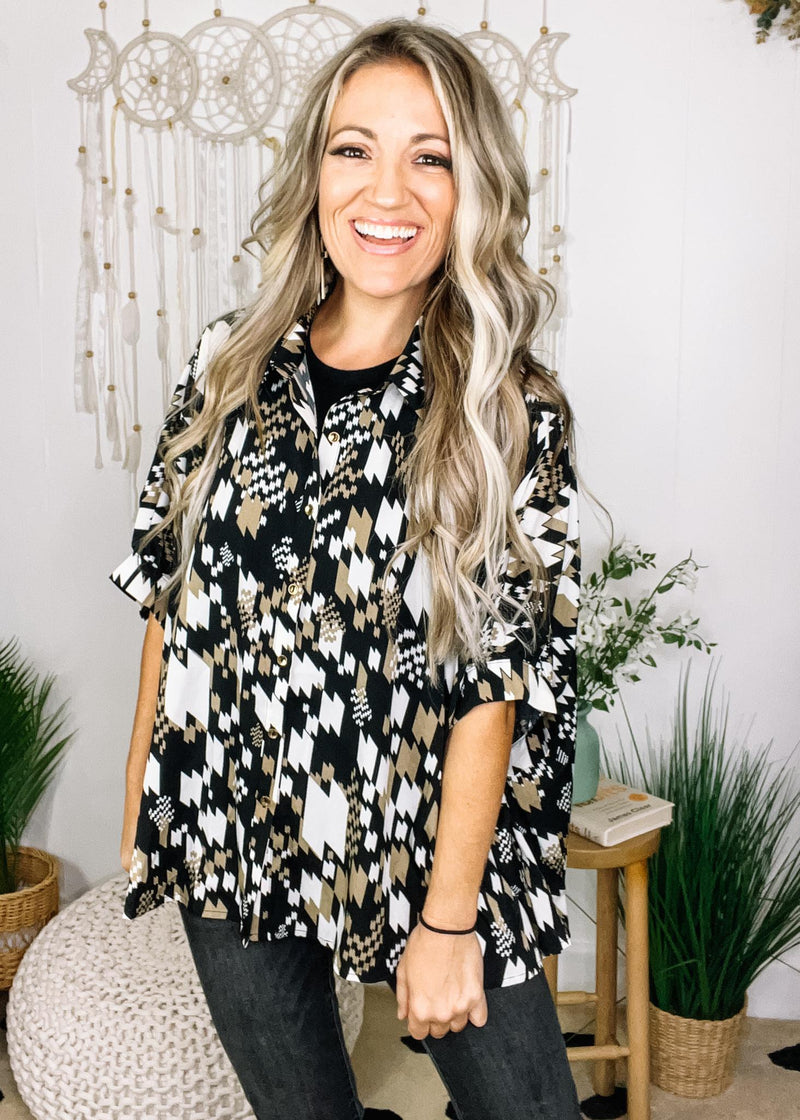 Black and Taupe Printed Poncho Style Button Down