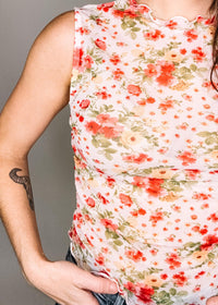 Ivory and Coral Semi Sheer Floral Mesh Top