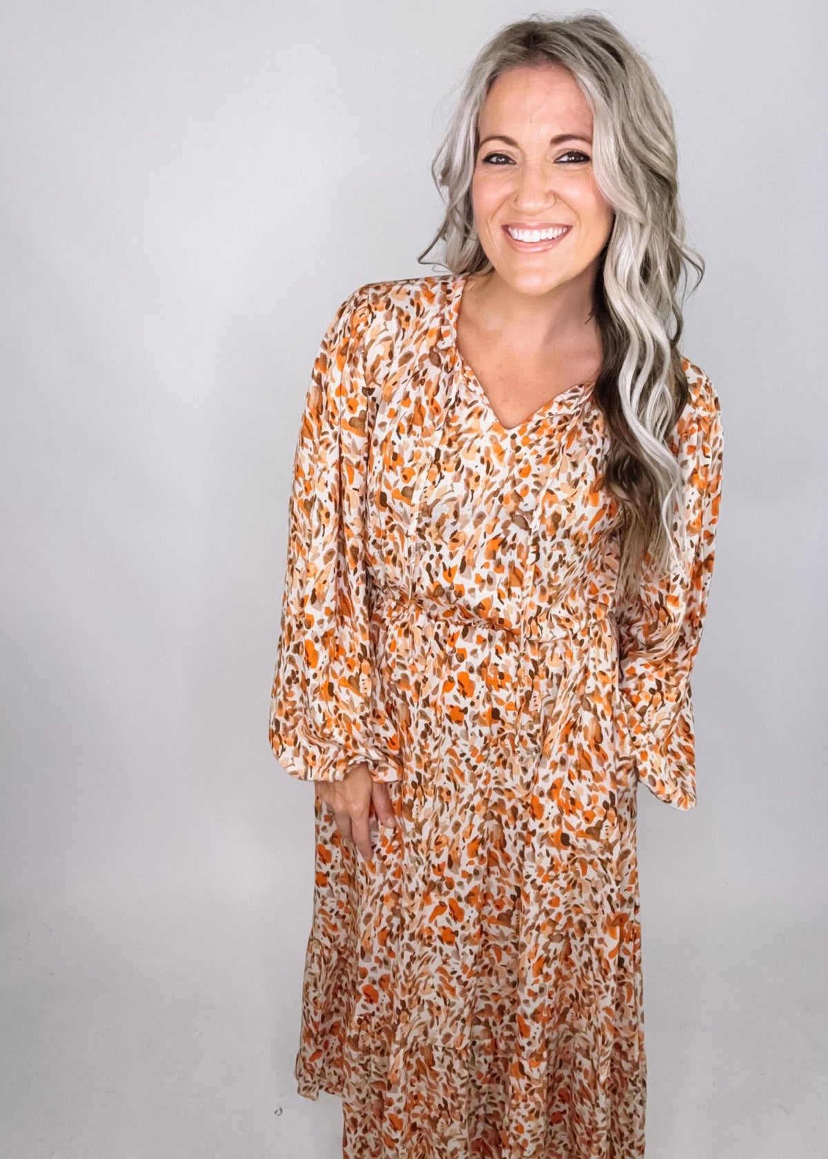 Taupe and Rust Long Sleeve Printed Maxi Dress