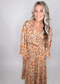 Taupe and Rust Long Sleeve Printed Maxi Dress