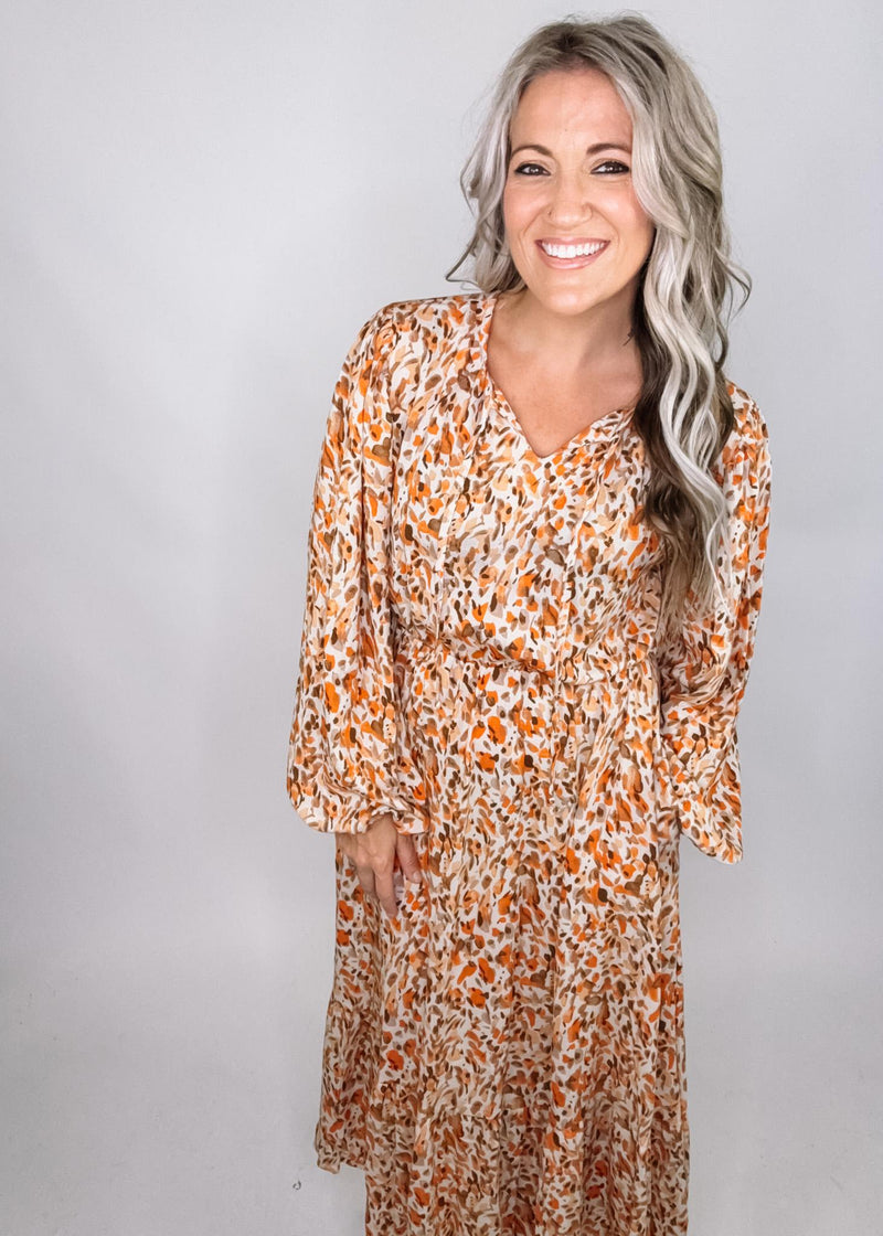 Taupe and Rust Long Sleeve Printed Maxi Dress