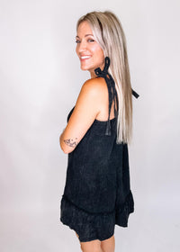 Black Gauze Tie Strap Mini Dress