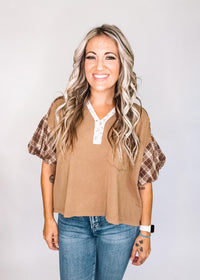 Hazelnut Mineral Washed Mixed Fabric Top