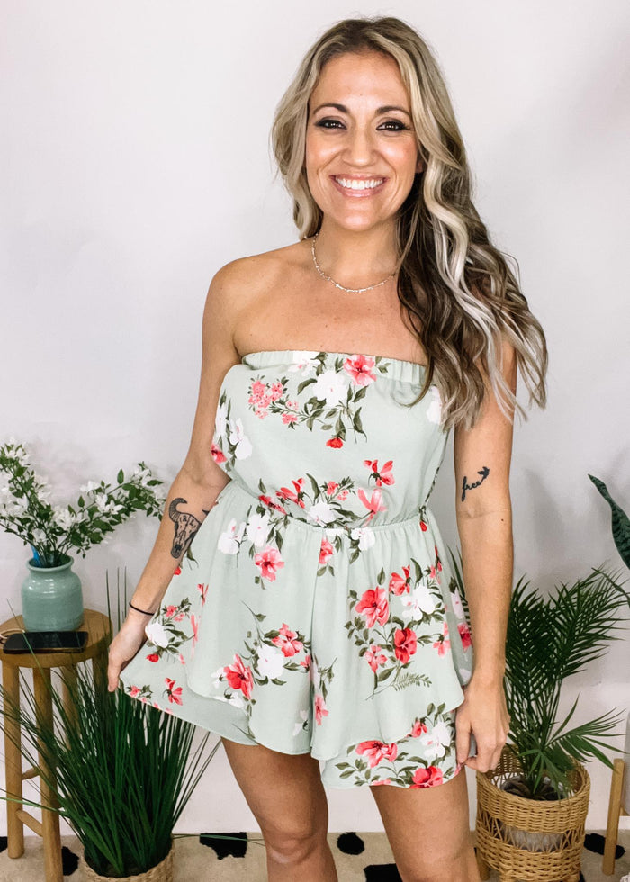 Sage Floral Romper with Double Layered Ruffle Bottom