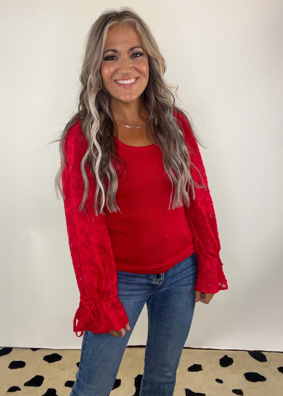 Red Lace Bell Sleeve Top